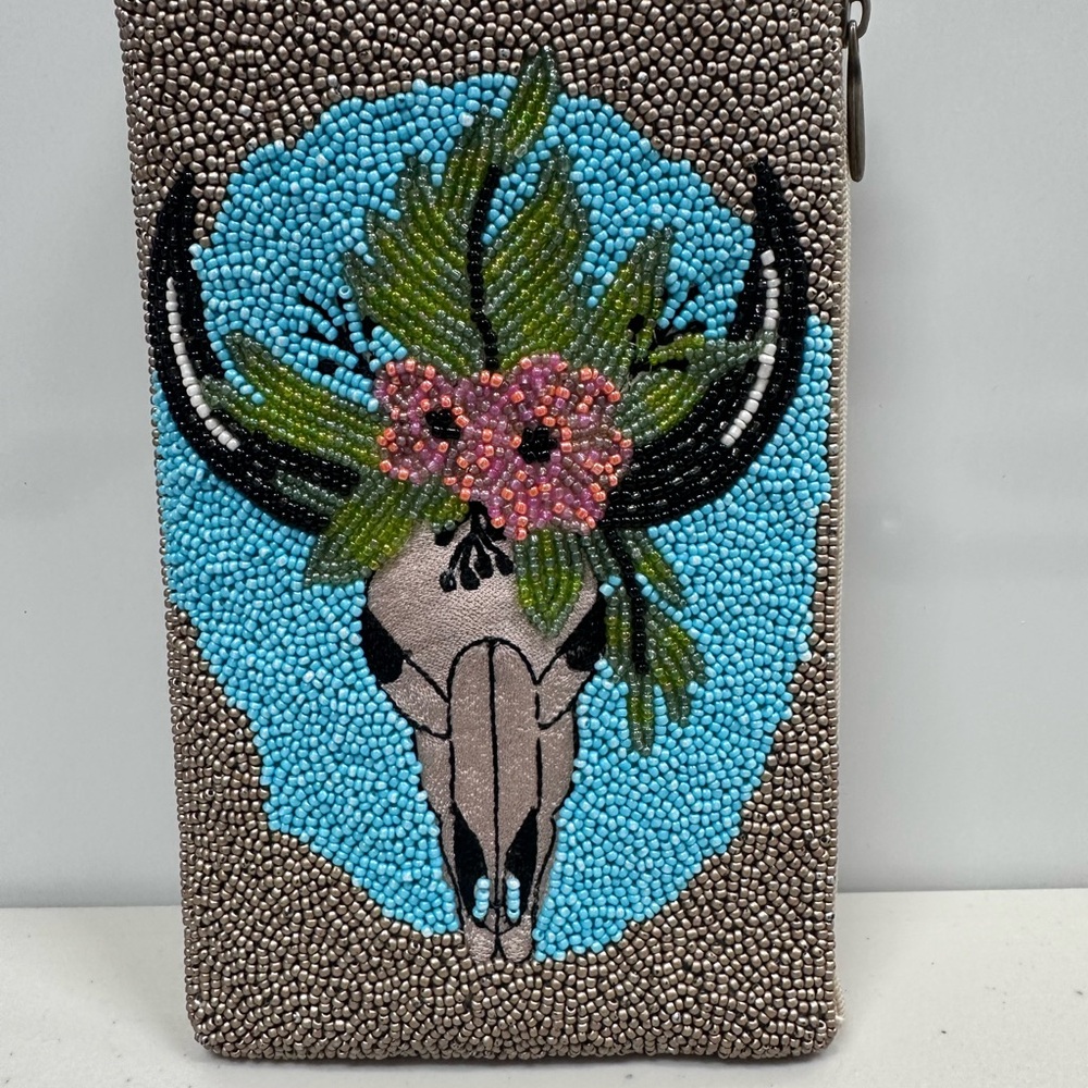 Beaded Bull Skull with Flowers Clutch Wristlet Crossbody NEW